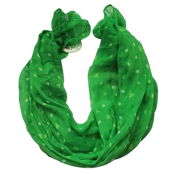 Green Infinity Scarf With White Polka Dots & Floral Pattern Lightweight Polyeste - Picture 5 of 5